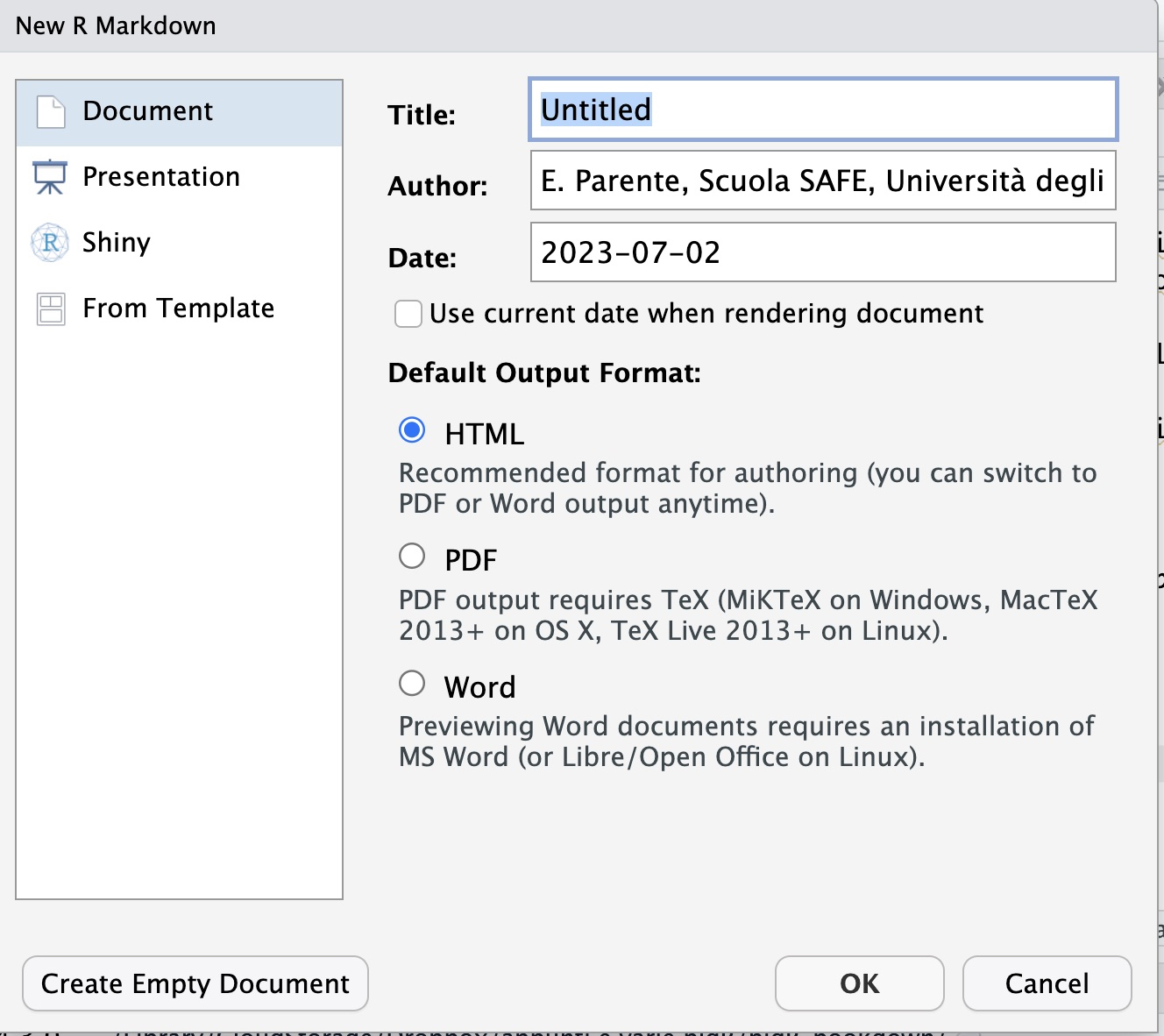 Creare un documento rmarkdown da menu.