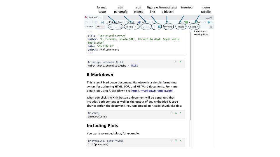 Visual: documenti RMarkdown usando il visual editor.